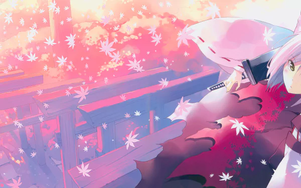 Anime-style 4K Ultra HD desktop wallpaper featuring Momiji Inubashiri from Touhou, surrounded by soft pink autumn leaves and traditional Japanese architecture.