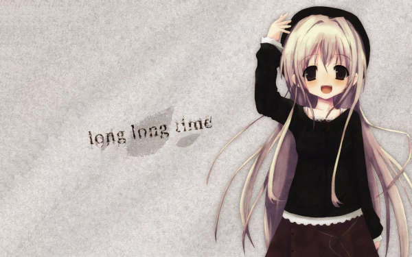 Anime Symphonic Rain HD PC desktop wallpaper: smiling long-haired girl in a black sweater on a textured gray background with the words long long time.