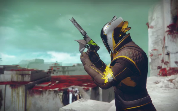 Destiny 2 guardian warrior aims a hand cannon at blood-streaked ruins — video game scene, 8K Ultra HD PC desktop wallpaper and background.