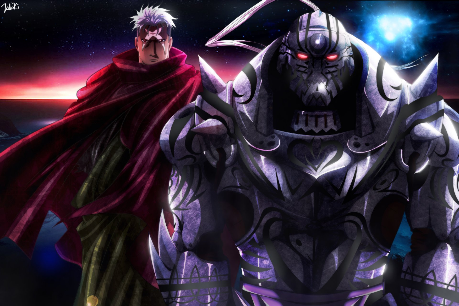 HD PC desktop wallpaper featuring Alphonse Elric in his armored form and Scar from the anime Fullmetal Alchemist, set against a cosmic background.