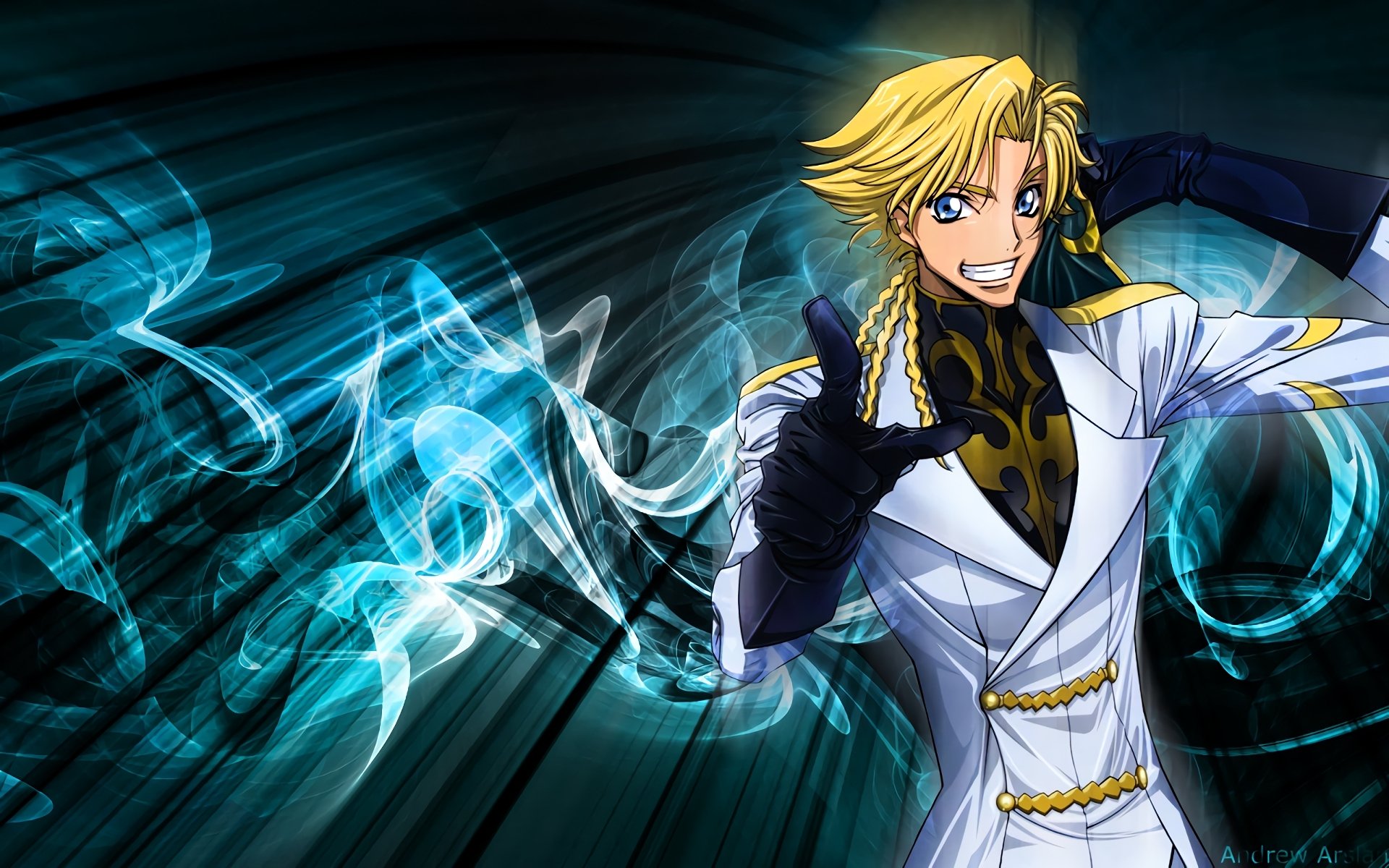 Anime Code Geass HD PC desktop wallpaper: blond, smiling character in ornate white uniform reaches forward amid teal-blue energy swirls on a dark, dynamic backdrop.