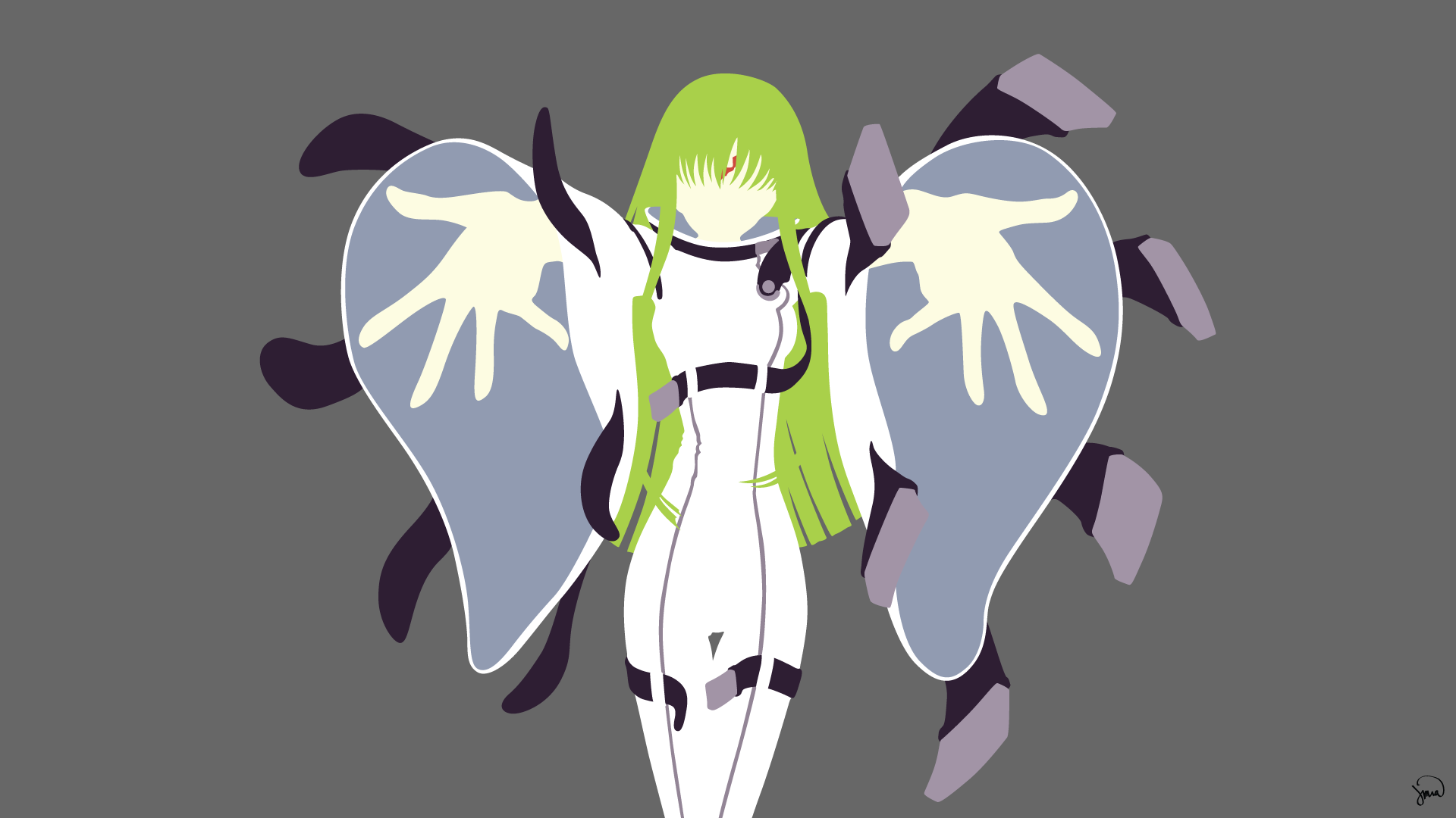 Minimalist anime-style HD desktop wallpaper featuring a character with long green hair and outstretched hands, inspired by Code Geass.