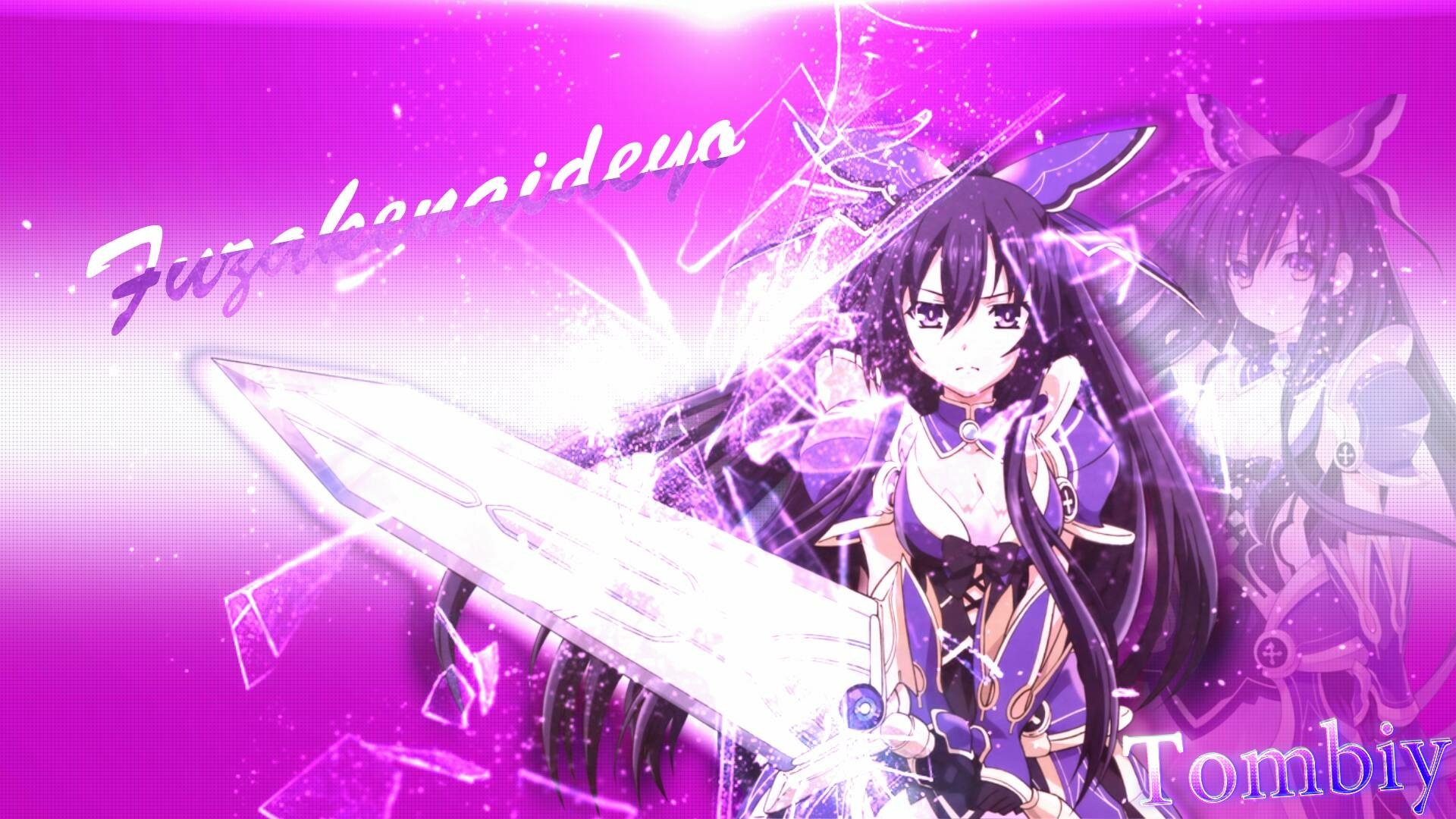 HD anime desktop wallpaper featuring Tohka Yatogami from Date A Live, wielding a glowing sword with a vibrant purple and pink background.