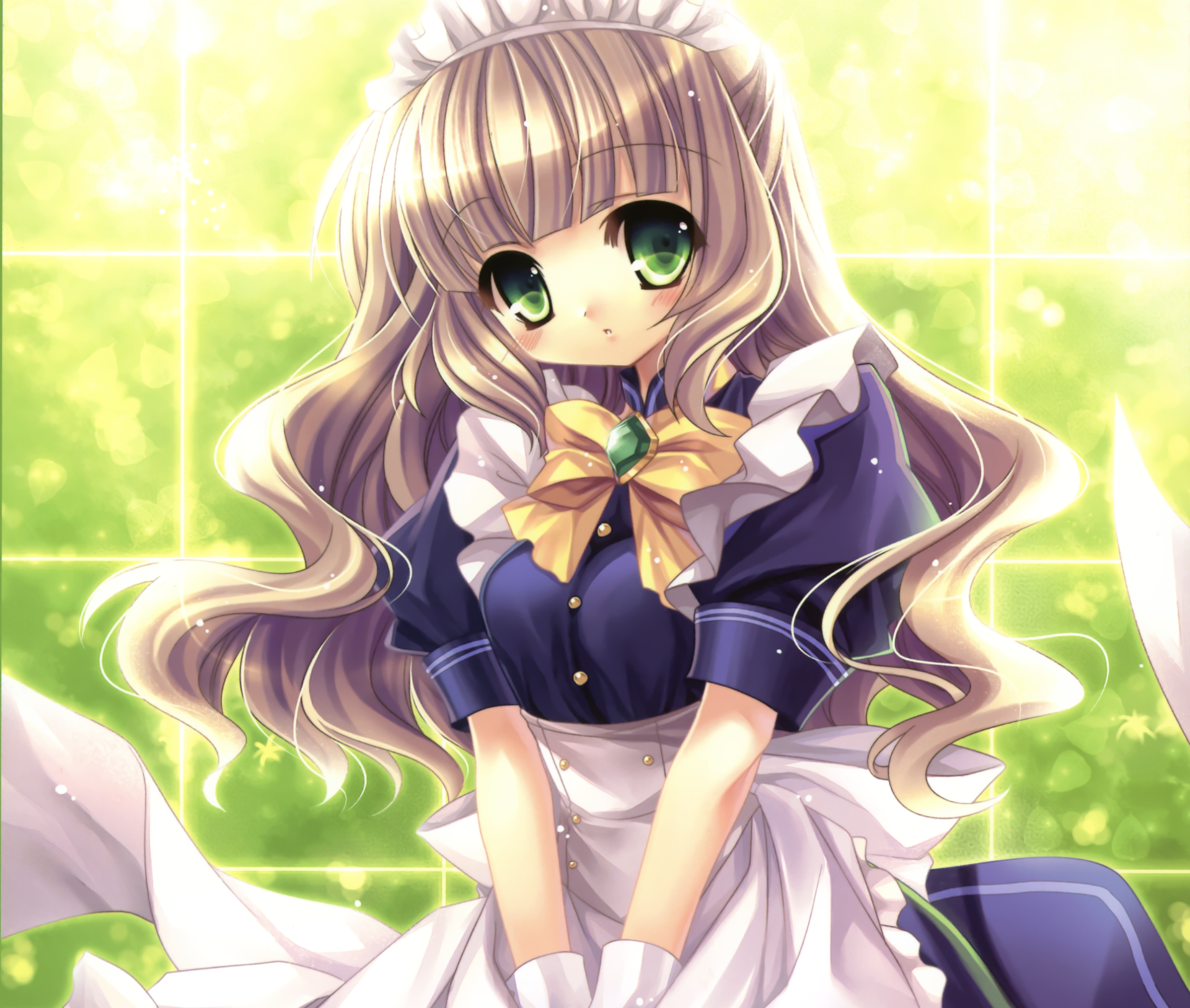 Download Green Eyes Bow (Clothing) Blonde Long Hair Apron Blush Maid Anime Original HD Wallpaper by Capura Lin