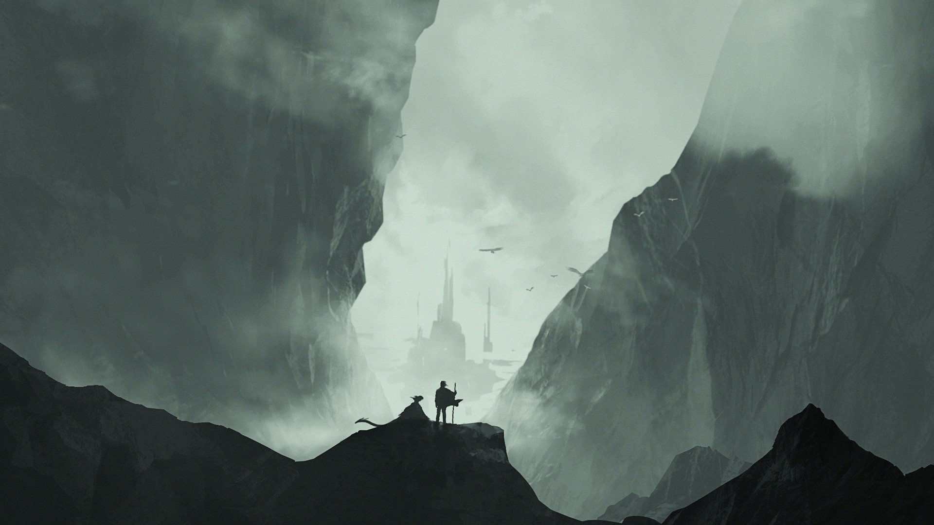 HD PC desktop wallpaper: fog-shrouded mountain landscape with a lone fantasy warrior overlooking a misty valley where a dragon and distant spires loom.