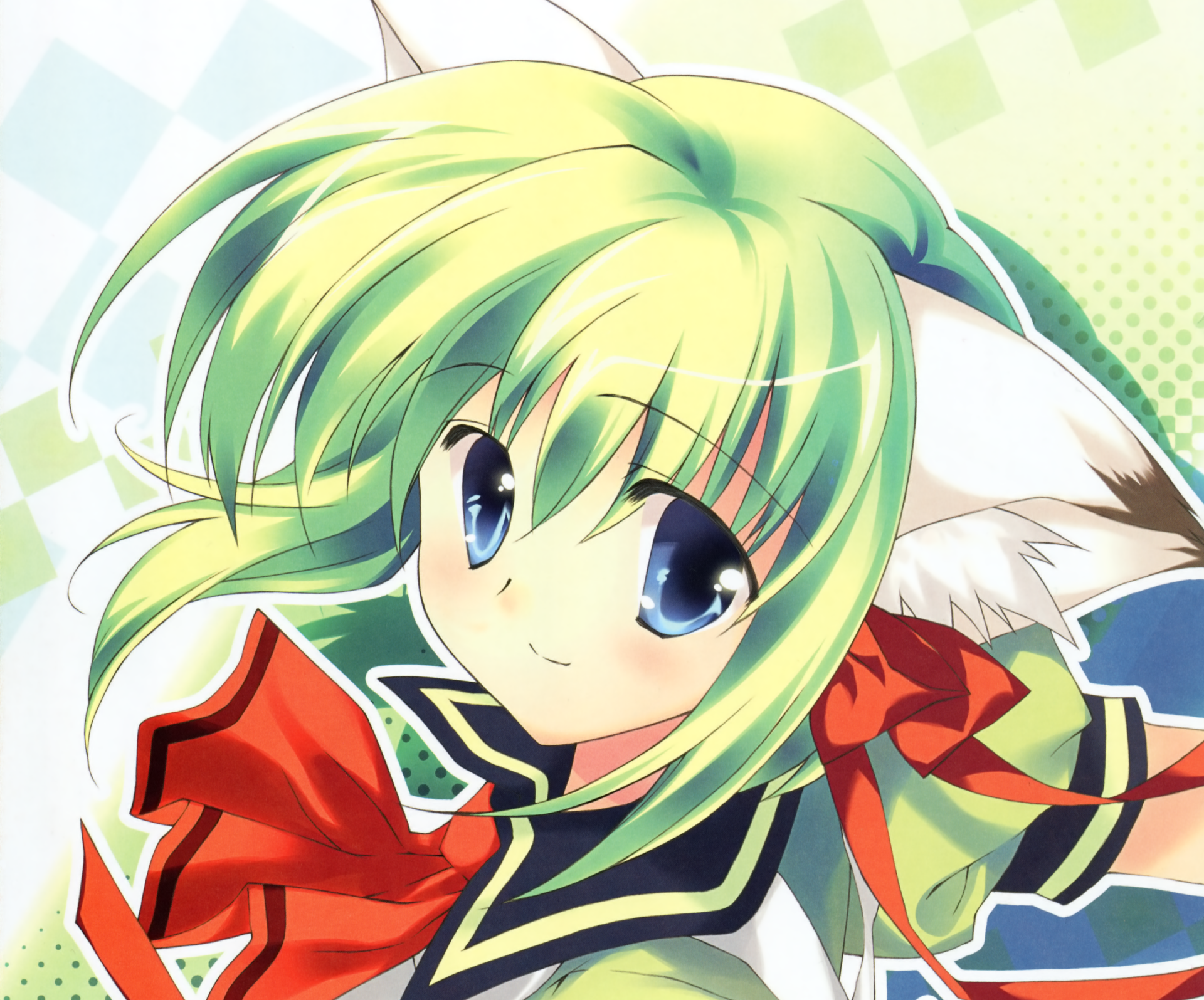 Download Bow (Clothing) Green Hair Blush Blue Eyes Smile Cat Girl Short Hair Anime Original HD Wallpaper by REI