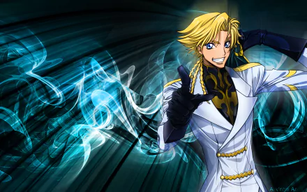 Anime Code Geass HD PC desktop wallpaper: blond, smiling character in ornate white uniform reaches forward amid teal-blue energy swirls on a dark, dynamic backdrop.