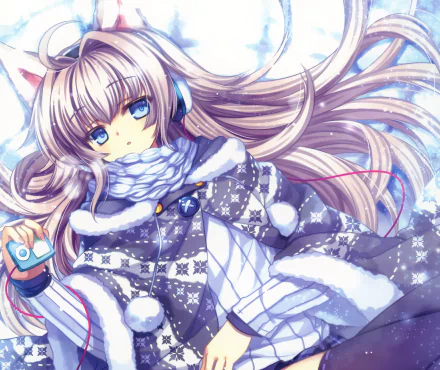 Anime-style blonde girl with long hair, blue eyes, and headphones, dressed in a winter coat and scarf, surrounded by snowflakes in an HD desktop wallpaper.