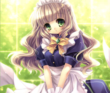 green eyes bow (Clothing) blonde long hair apron blush maid Anime Original HD Desktop Wallpaper | Background Image