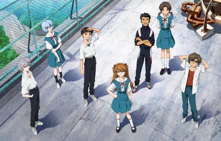 HD wallpaper of Neon Genesis Evangelion characters including Toji Suzuhara, Asuka Langley Sohryu, Kaworu Nagisa, Shinji Ikari, Hikari Horaki, Rei Ayanami, and Kensuke Aida, standing outdoors.