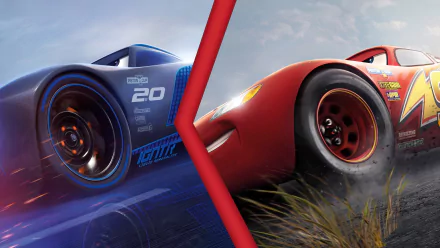 4K Ultra HD wallpaper featuring Lightning McQueen and Jackson Storm in an intense race scene from the movie Cars 3.