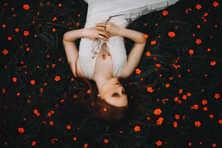 redhead white dress orange flower lying down model woman mood HD Desktop Wallpaper | Background Image
