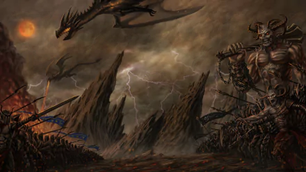 Dark Fantasy HD PC desktop wallpaper: armored knight and brutal creature-warrior lead clashing armies as a dragon looms over lightning-scarred peaks and a burning battlefield.
