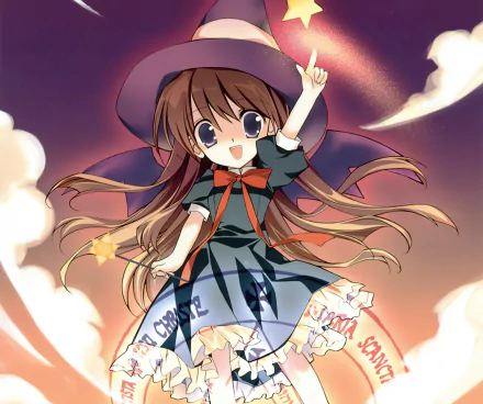 smile wand bow (Clothing) purple eyes long hair hat Anime Original HD Desktop Wallpaper | Background Image
