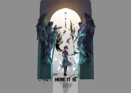 HD PC wallpaper featuring Rin Kaenbyou from Touhou, framed by dark statues and a glowing full moon, with dynamic lighting and atmospheric detail.