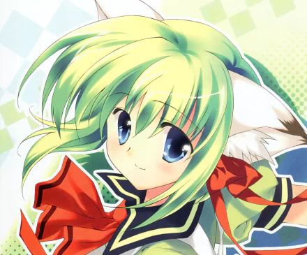 bow (Clothing) green hair blush blue eyes smile cat girl short hair Anime Original HD Desktop Wallpaper | Background Image