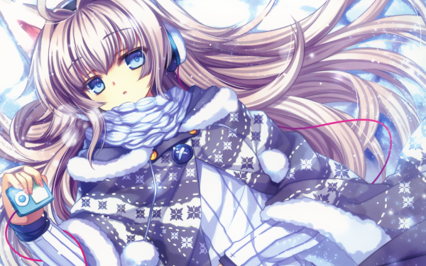 Anime Headphones Long Hair Blonde Snow Blue Eyes HD Wallpaper | Background Image