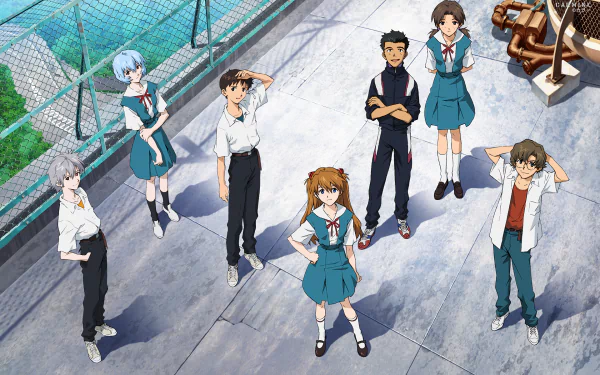 HD wallpaper of Neon Genesis Evangelion characters including Toji Suzuhara, Asuka Langley Sohryu, Kaworu Nagisa, Shinji Ikari, Hikari Horaki, Rei Ayanami, and Kensuke Aida, standing outdoors.