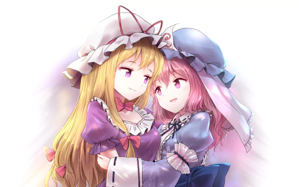 HD PC desktop wallpaper/background of Touhou anime characters Yuyuko Saigyouji and Yukari Yakumo embracing, rendered in soft pastel colors with a gentle, warm expression.