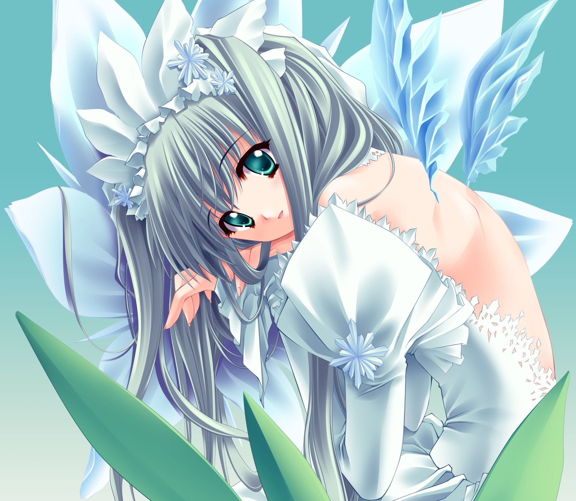 Smiling anime original girl with long grey hair, vivid green eyes and delicate wings, wearing a frilled white dress — 4K Ultra HD PC desktop wallpaper background.