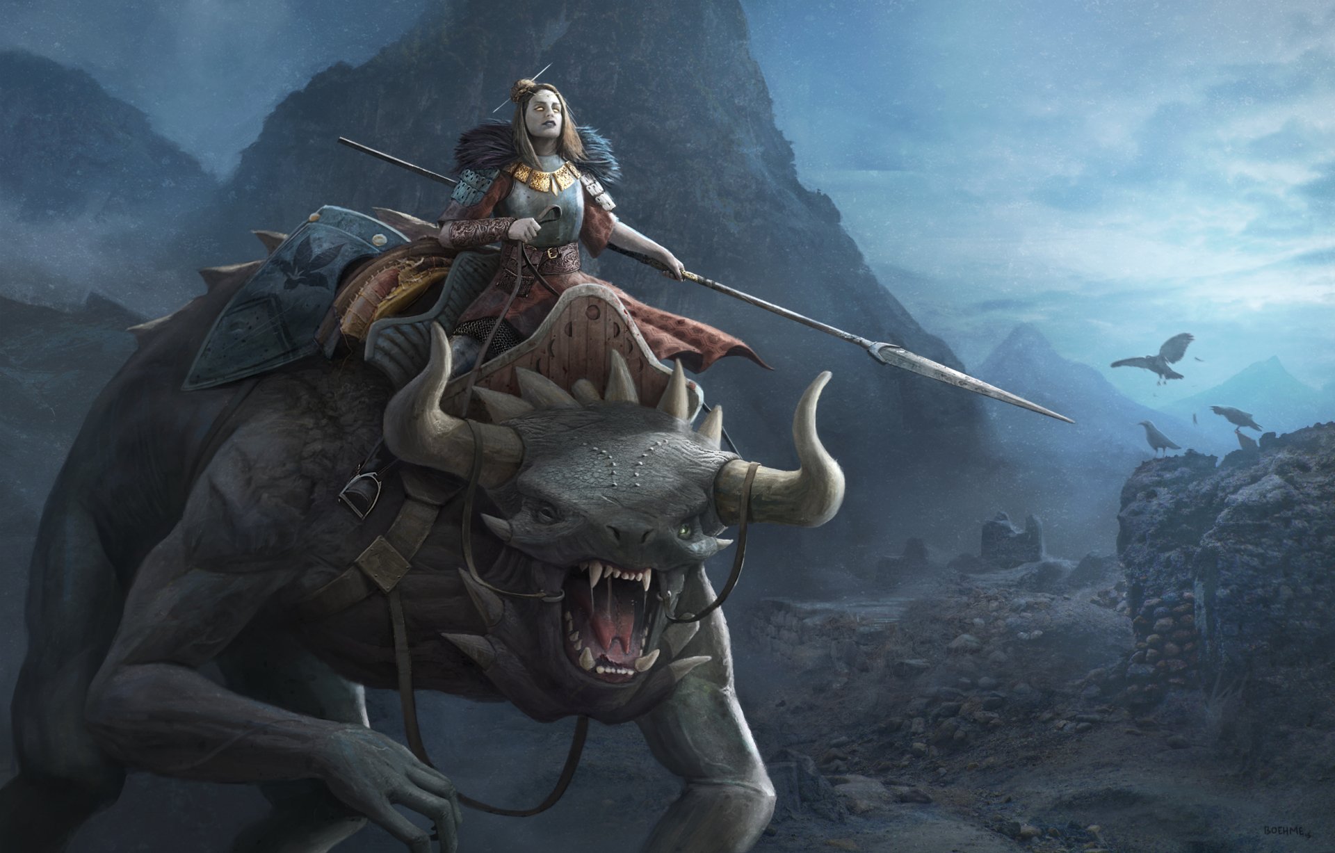 A fantasy HD desktop wallpaper featuring a woman warrior in armor wielding a spear, riding a fierce, horned beast through a misty mountainous landscape.