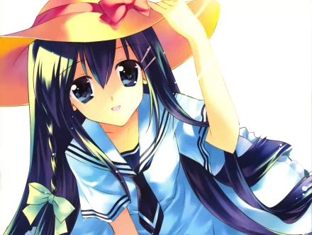 blue eyes smile black hair long hair braid bow (Clothing) hat Anime Original HD Desktop Wallpaper | Background Image