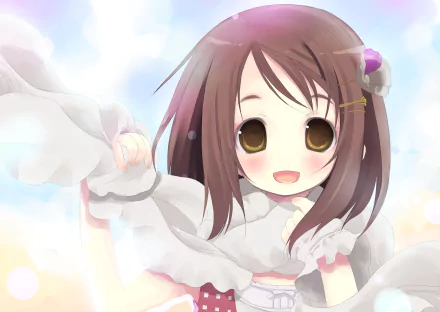 Original anime 2K Quad HD PC desktop wallpaper: smiling short brown-haired girl with brown eyes, blush, scarf and flower hairpin against a soft pastel sky.