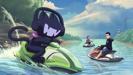 HD wallpaper featuring the Monstercat character riding a jet ski with people in the background, suitable as a desktop background.