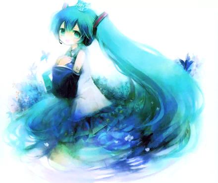 Hatsune Miku anime Vocaloid portrait in teal and aqua, flowing twin-tails and floral gown in dreamy watercolor style — 4K Ultra HD PC desktop wallpaper/background.