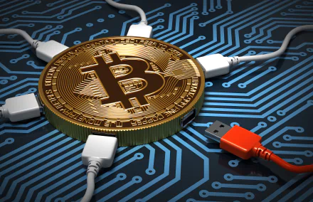 HD desktop wallpaper featuring a gold Bitcoin connected to a network of USB cables, set against a circuit board background, representing cryptocurrency, technology, and digital money.