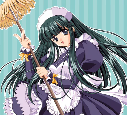 bow (Clothing) blue eyes apron maid smile black hair long hair Anime Original HD Desktop Wallpaper | Background Image