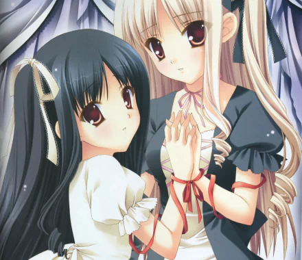 blush brown eyes bow (Clothing) black hair blonde long hair Anime Original HD Desktop Wallpaper | Background Image