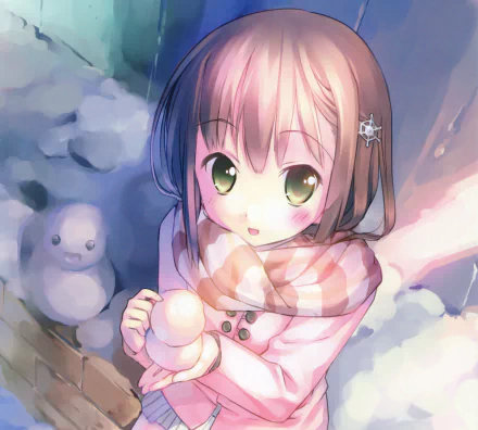 Anime-style girl with short brown hair, green eyes, and a coat and scarf, smiling while holding snowballs beside a snowman in a snowy scene, HD desktop wallpaper.