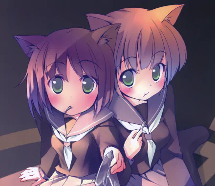 Anime-style HD desktop wallpaper featuring two cat girls with green eyes, one with brown short hair and the other blonde, both blushing and holding small fish.