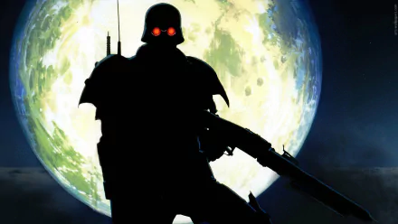 Anime HD PC desktop wallpaper of Jin-Roh: The Wolf Brigade - silhouetted armored soldier with glowing red eyes and rifle against a huge full moon.