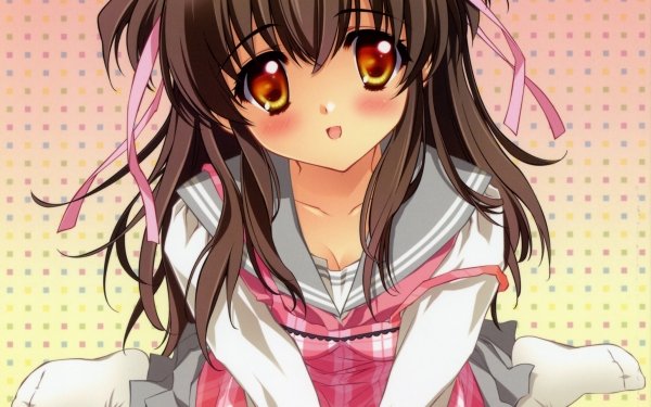 Anime Original Long Hair Brown Hair Blush bow Orange Eyes Smile HD Wallpaper | Background Image