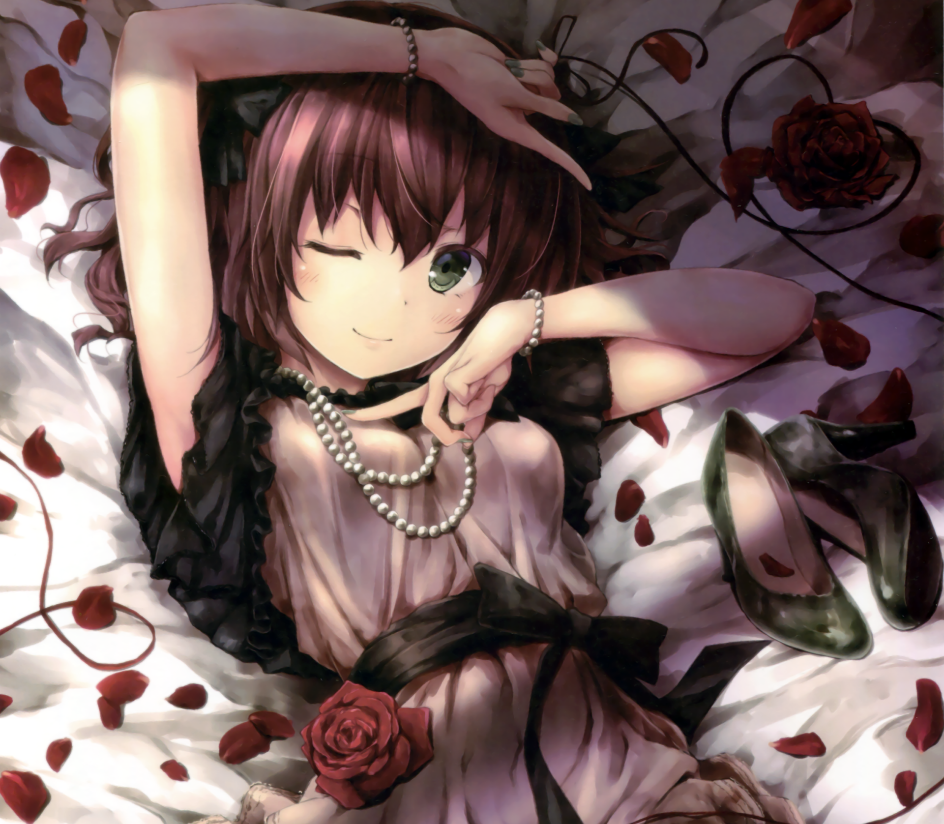 Anime-style girl with long brown hair, green eyes, and a bow, winking and smiling with a blush, surrounded by roses and shoes, wearing a pearl necklace in a detailed HD desktop wallpaper.
