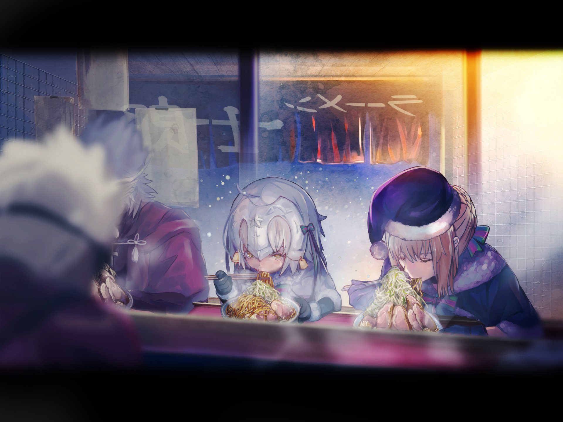 A HD desktop wallpaper featuring Saber and Jeanne d'Arc from the Fate Series, enjoying a meal in an anime-style diner. This serene Fate/Grand Order scene captures a cozy and warm atmosphere.