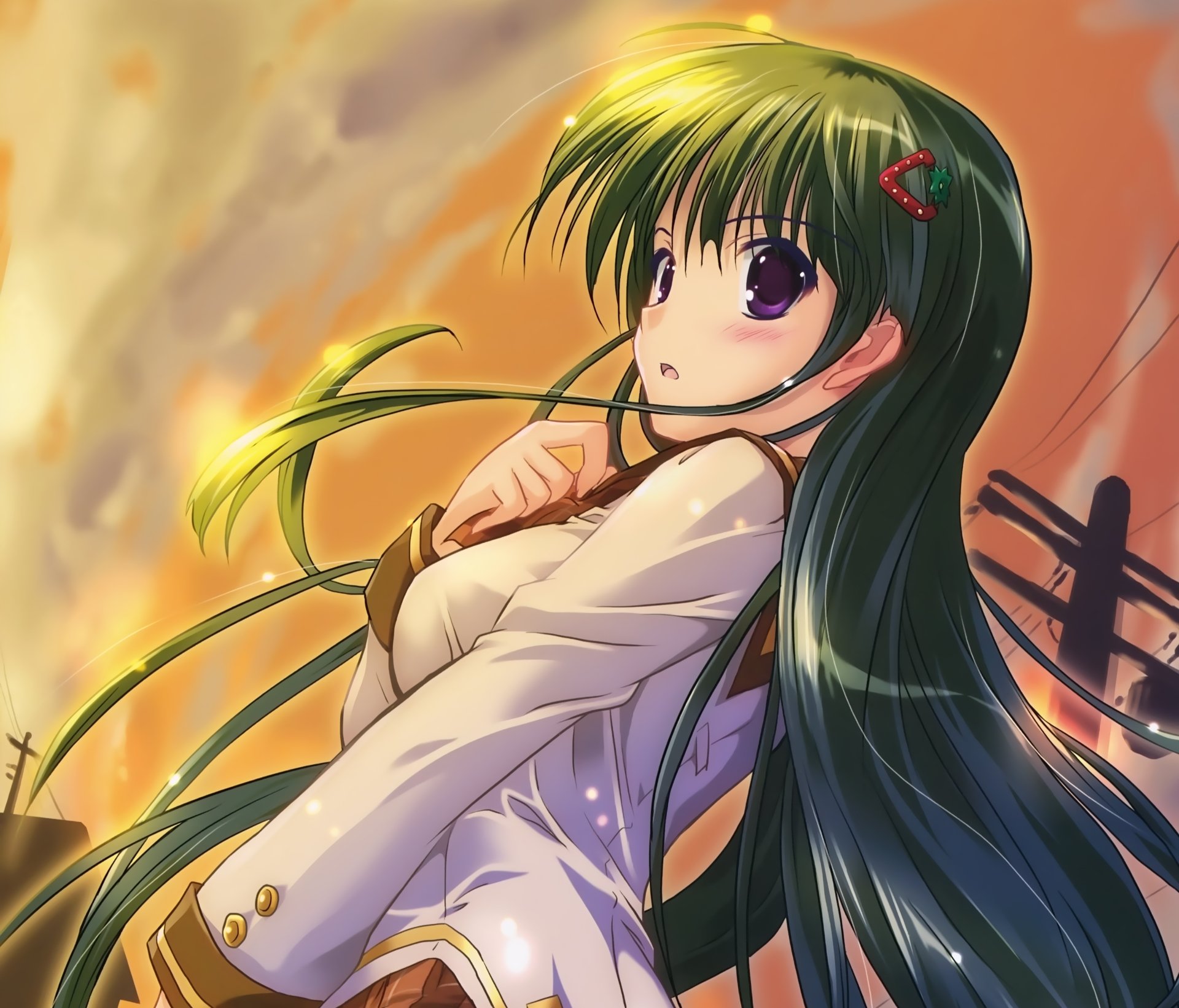 Anime-style original character with long green hair and purple eyes, blushing gently against a warm, glowing sunset backdrop in 4K Ultra HD quality.