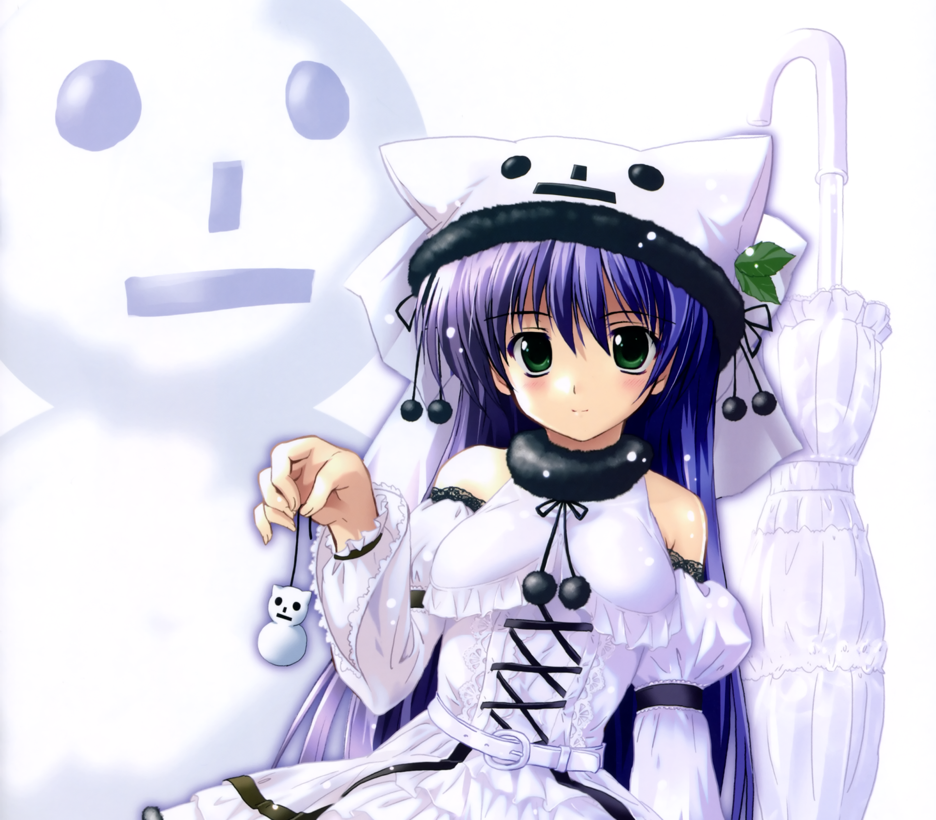 Anime-style HD desktop wallpaper of a blue-haired girl with green eyes, blushing and smiling, wearing a hat and holding an umbrella next to a snowman with a hat.