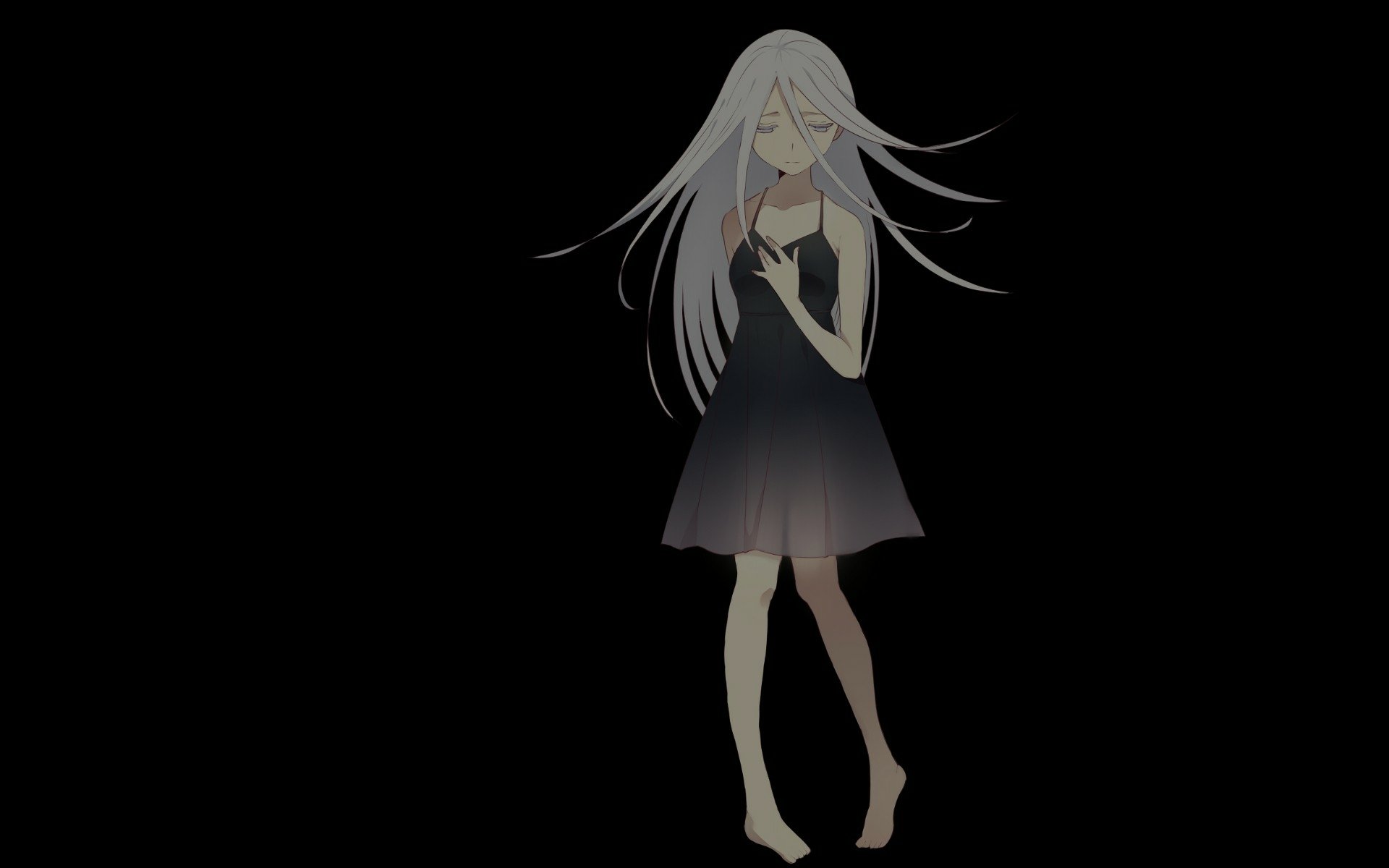 HD anime desktop wallpaper featuring Shiro from Deadman Wonderland, standing barefoot in a dark gradient dress against a black background.