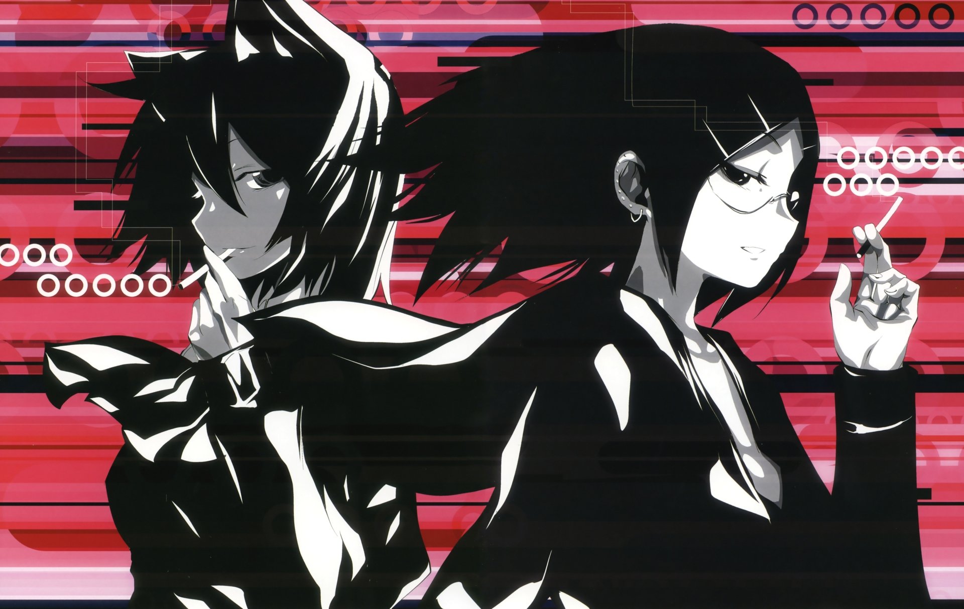 Anime-style Ultra HD wallpaper featuring two original characters with black short hair, glasses, and cigarettes, set against a dynamic red and black glitch background.