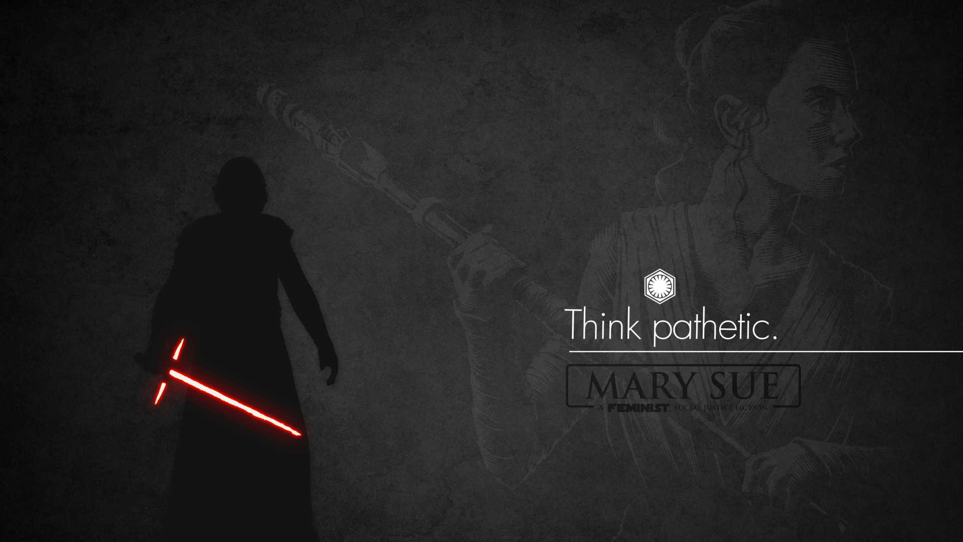 HD wallpaper featuring a dark, silhouetted figure with a red lightsaber and text Think pathetic from Star Wars: The Last Jedi, set against a gritty background with an image of Rey.