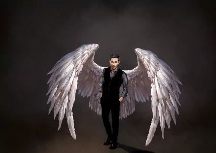 HD desktop wallpaper featuring Lucifer Morningstar from the TV show Lucifer with angel wings, set against a dark background.