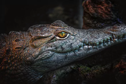 Close-up HD image of a reptile's eye and sharp fangs, showcasing detailed crocodile teeth and textured skin in a dark, natural setting.