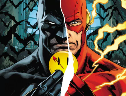 HD PC desktop wallpaper/background: Comic art from Batman/The Flash: The Button - split portrait of Batman and the Flash, Flash holding the blood-stained yellow Watchmen smiley button amid lightning.