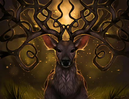 HD wallpaper of a majestic buck with elaborate, glowing antlers surrounded by sparkles, creating a magical fantasy atmosphere.