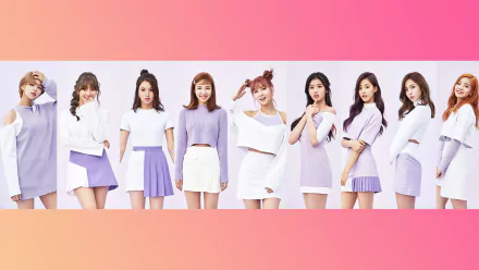HD desktop wallpaper of TWICE, a music band, featuring all members standing in a row, dressed in coordinating outfits of white and lavender against a gradient pink background.