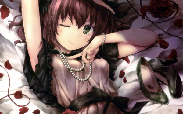 Anime-style girl with long brown hair, green eyes, and a bow, winking and smiling with a blush, surrounded by roses and shoes, wearing a pearl necklace in a detailed HD desktop wallpaper.