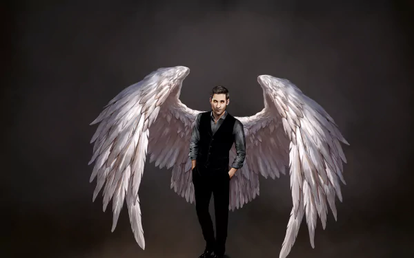 HD desktop wallpaper featuring Lucifer Morningstar from the TV show Lucifer with angel wings, set against a dark background.
